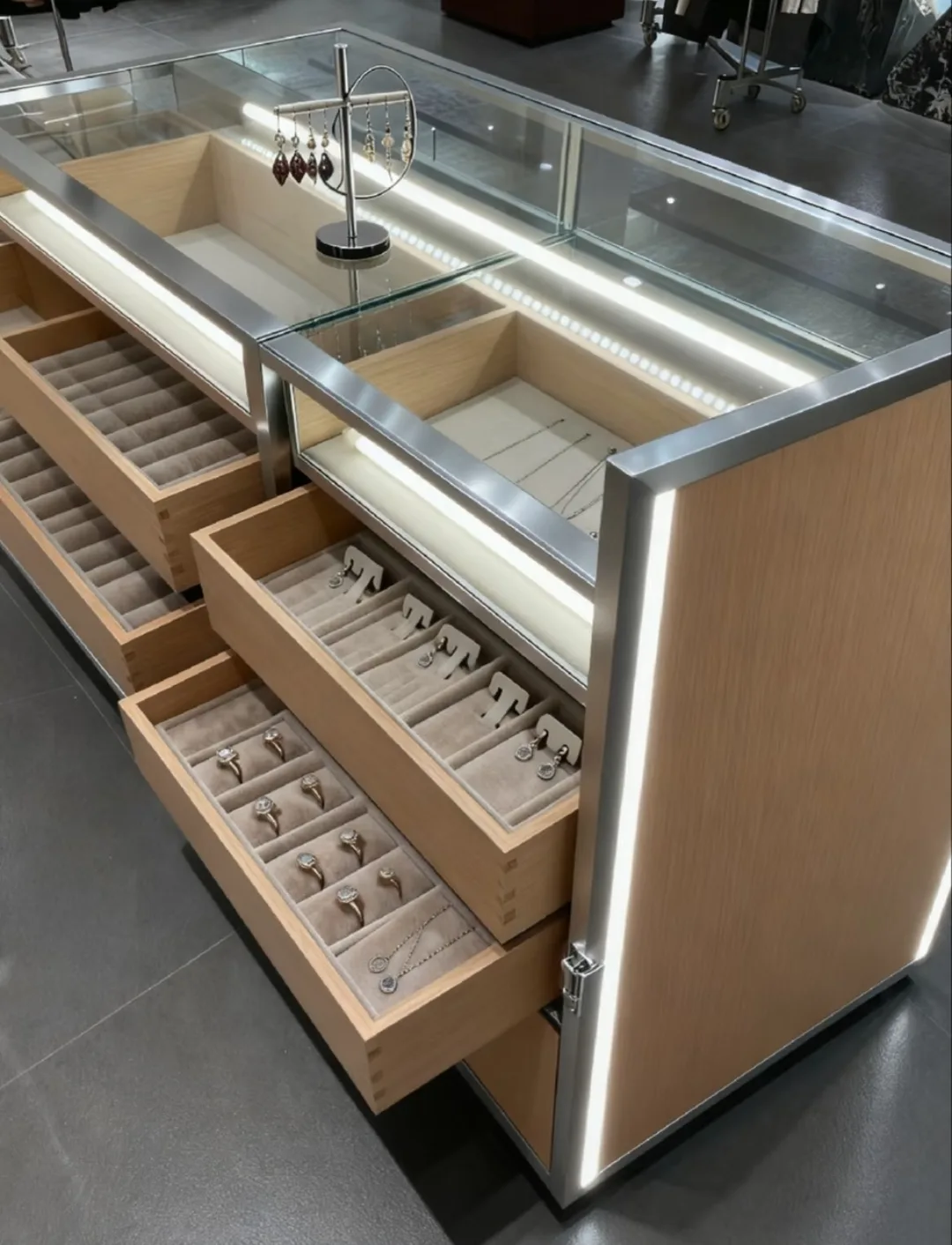 Stainless Steel & Wood Jewelry Showcase with LED Lighting & Drawers — view 5