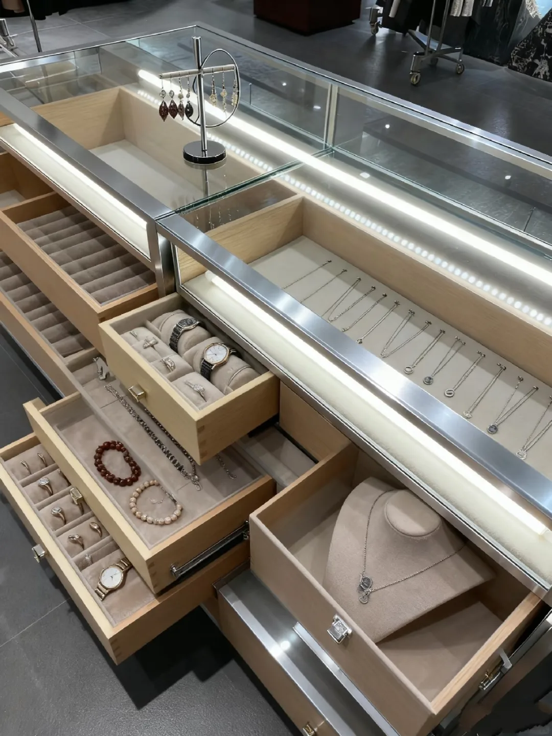 Stainless Steel & Wood Jewelry Showcase with LED Lighting & Drawers — view 3