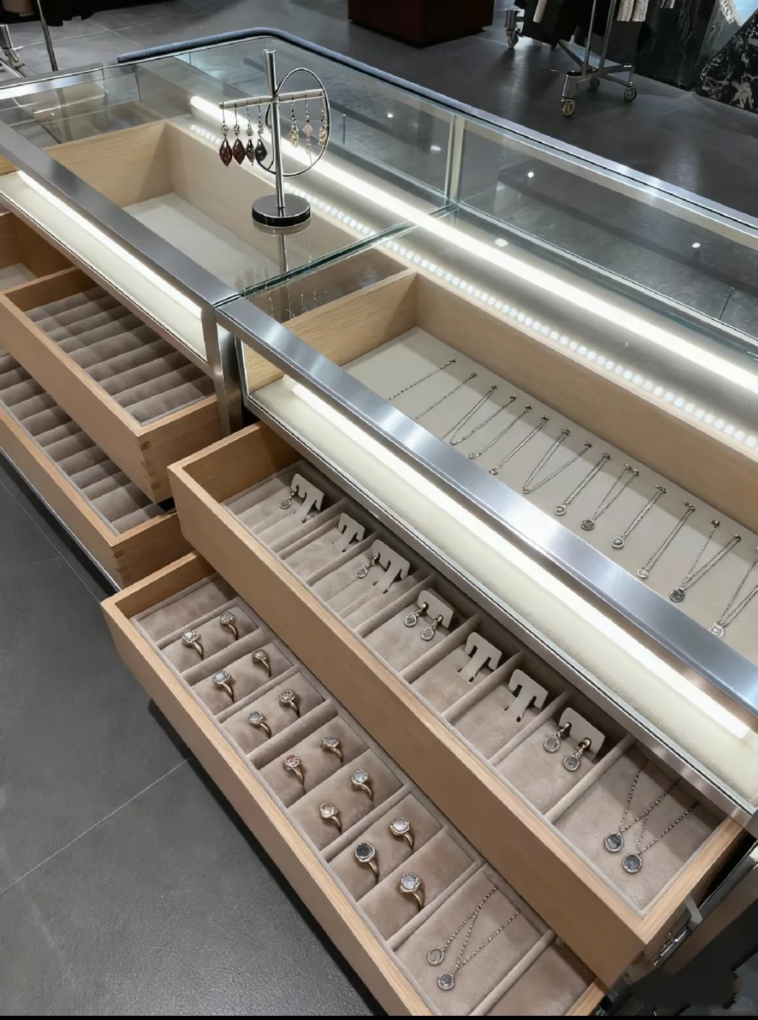 Stainless Steel & Wood Jewelry Showcase with LED Lighting & Drawers — view 4
