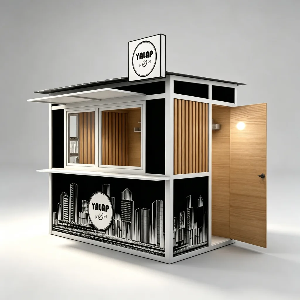 Steel Frame Outdoor Cafe Stand | 2.5m Black & White Coffee Kiosk | Custom Design — view 3
