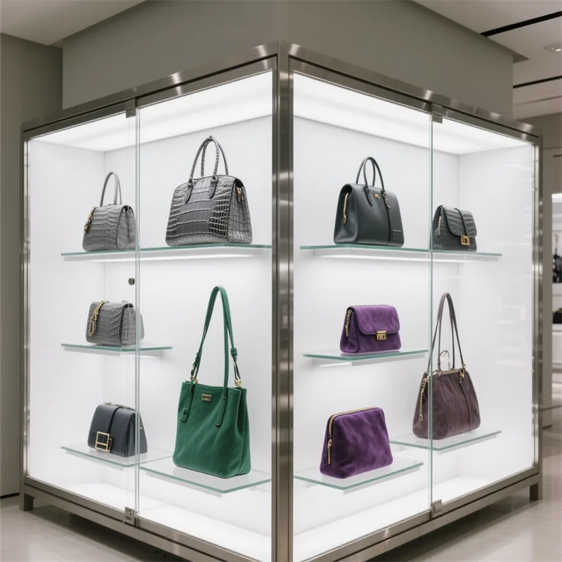 Stylish acrylic handbag wall cabinet retail shop wall showcase design — view 3