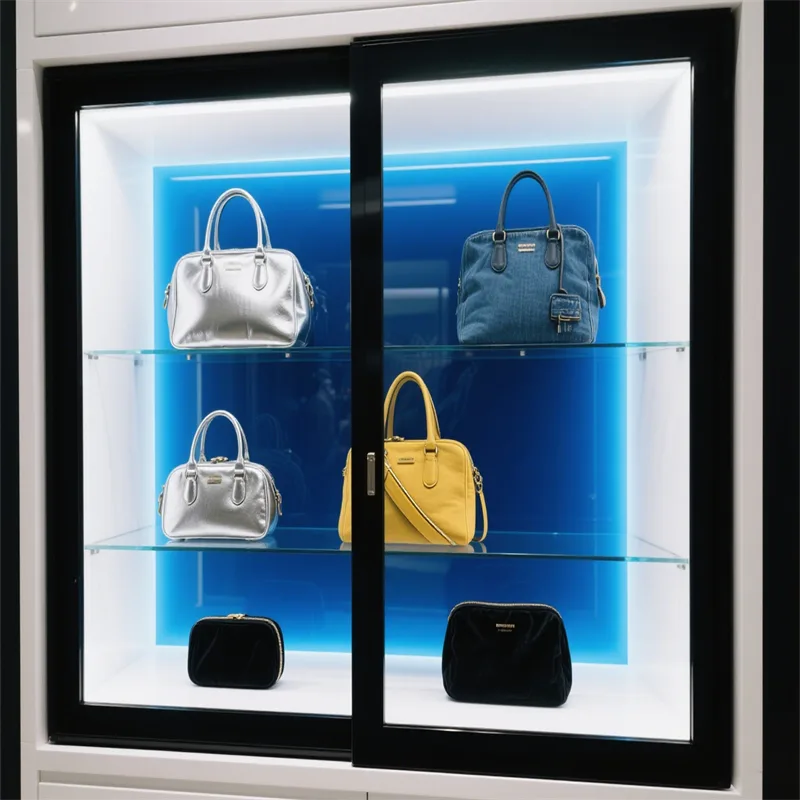 Stylish acrylic handbag wall cabinet retail shop wall showcase design — view 4