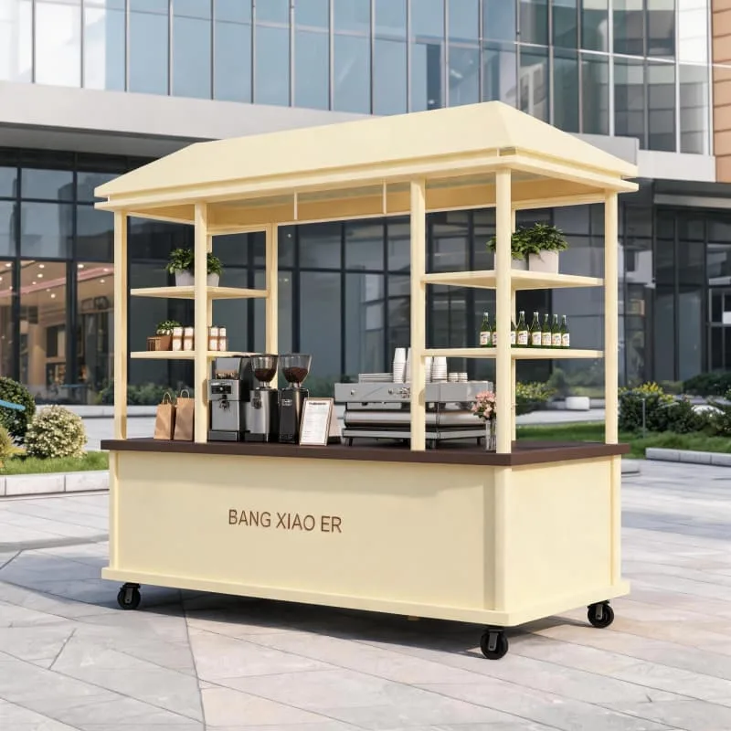 Stylish Wheeled Outdoor Coffee Cart With Side Display Shelves for Street — view 3