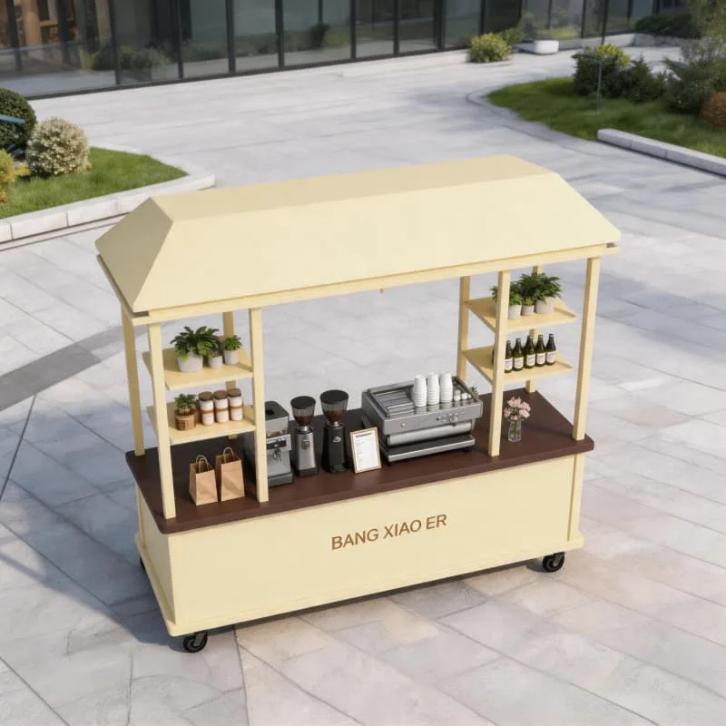 Stylish Wheeled Outdoor Coffee Cart With Side Display Shelves for Street — view 4