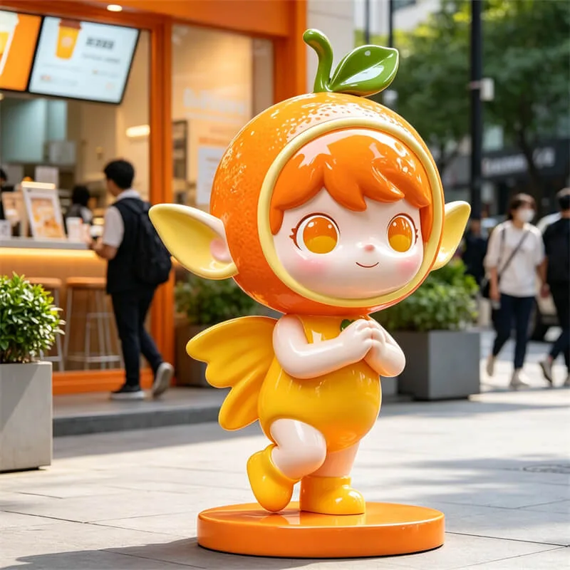 Super Cute Orange Elf Fiberglass Sculpture | Juice Shop Attraction Display, Customizable Fiberglass Sculpture — view 4
