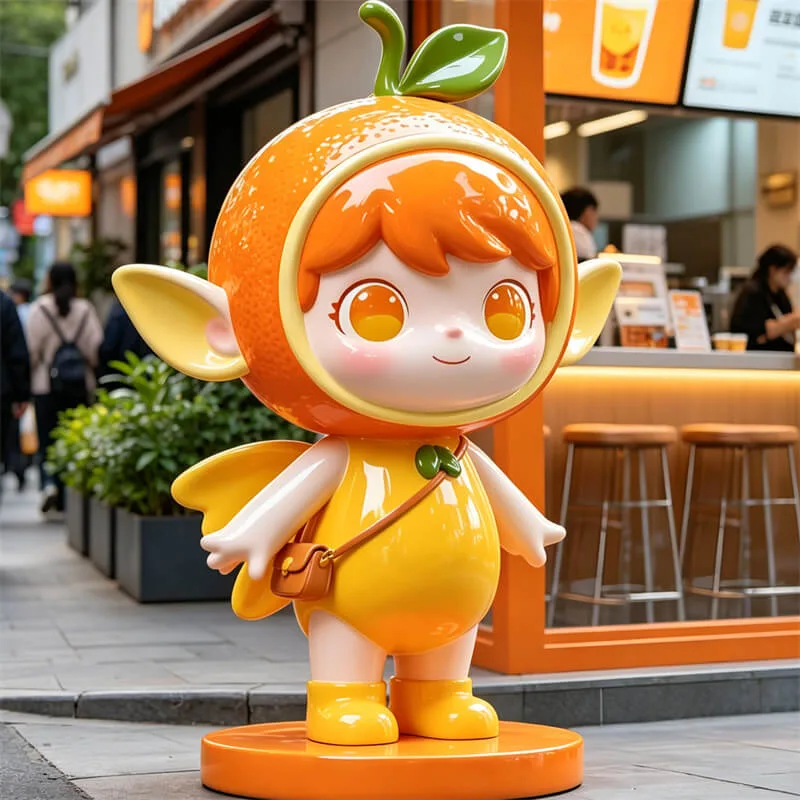 Super Cute Orange Elf Fiberglass Sculpture | Juice Shop Attraction Display, Customizable Fiberglass Sculpture — view 2