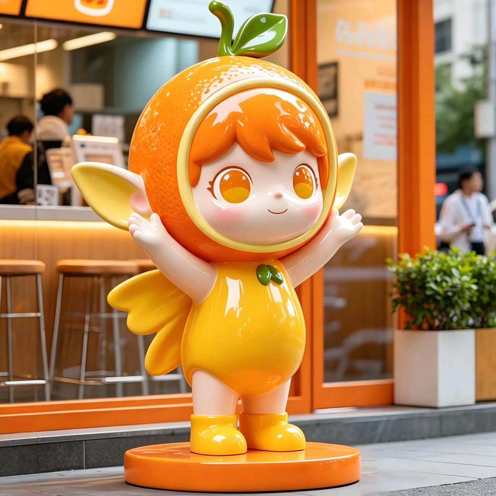 Super Cute Orange Elf Fiberglass Sculpture | Juice Shop Attraction Display, Customizable Fiberglass Sculpture — view 3