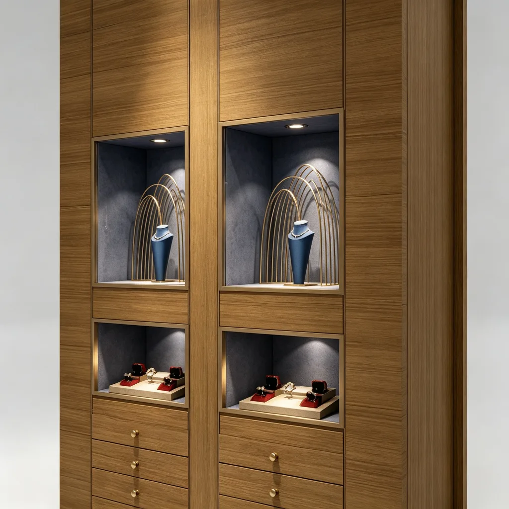 Symmetrical Twin Tower Jewelry Wall Display Cabinet Central Brand Panel Drawers — view 3
