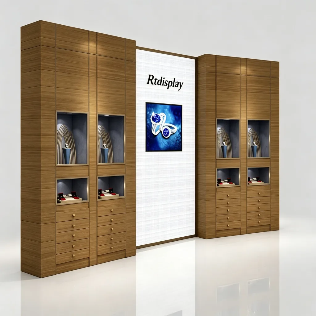 Symmetrical Twin Tower Jewelry Wall Display Cabinet Central Brand Panel Drawers — view 2