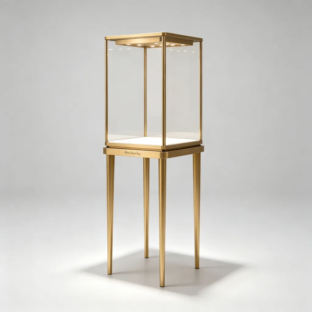 Tall Slim Jewelry Vitrine Minimalist Gold Frame LED Glass Display Stand — view 3