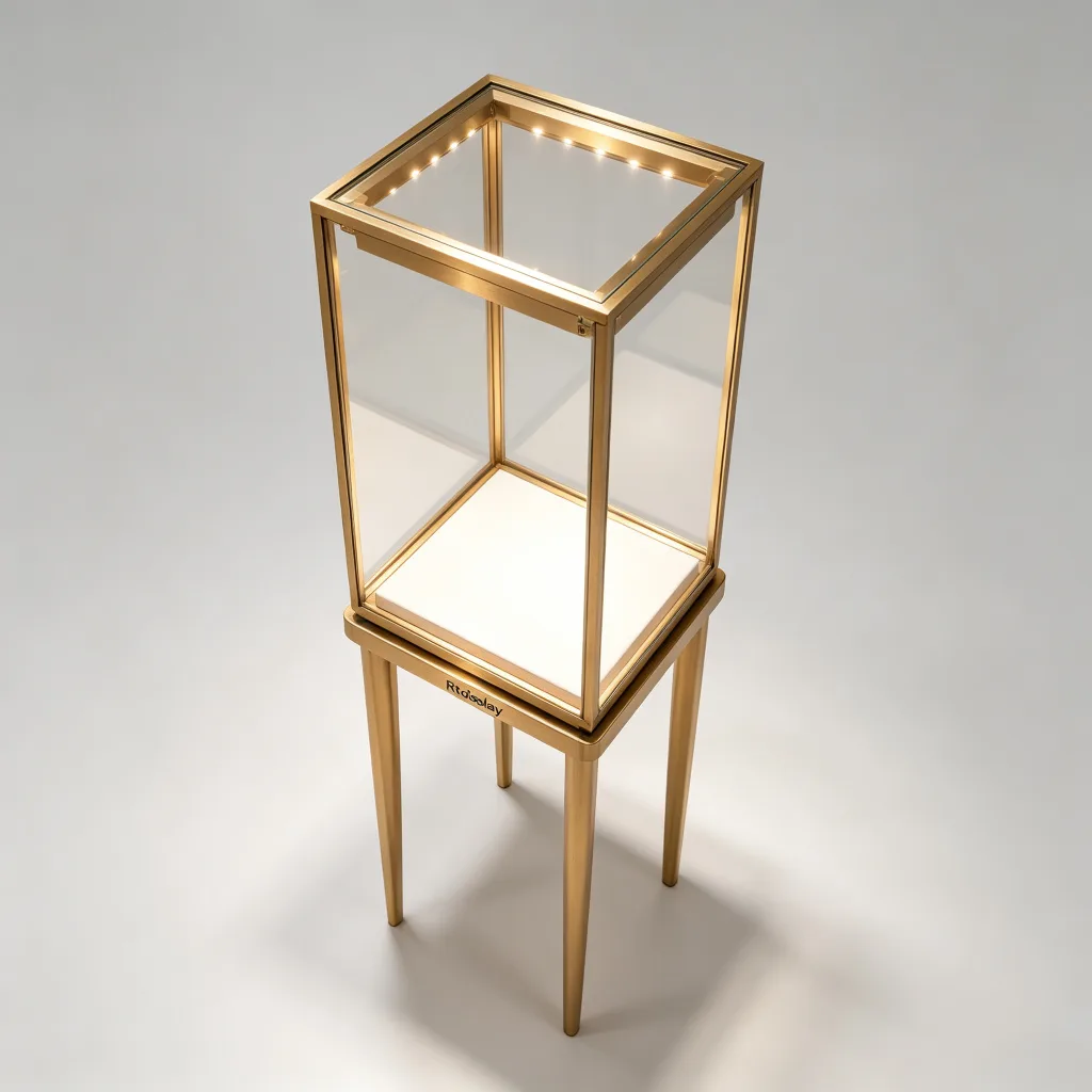 Tall Slim Jewelry Vitrine Minimalist Gold Frame LED Glass Display Stand — view 4