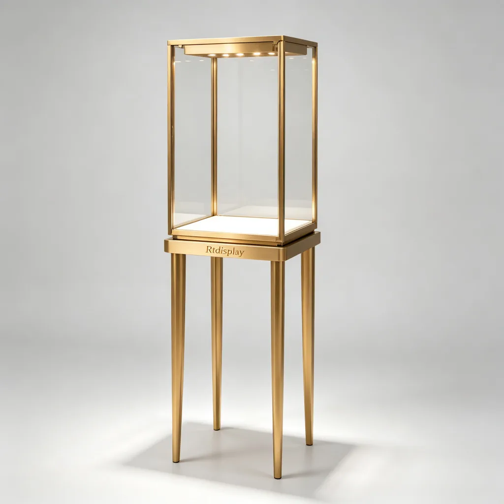 Tall Slim Jewelry Vitrine Minimalist Gold Frame LED Glass Display Stand — view 2