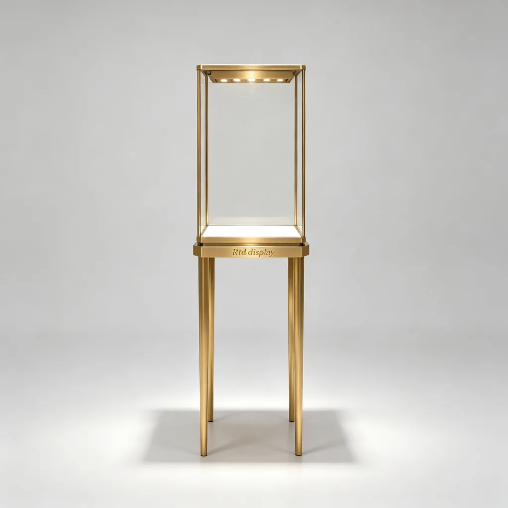 Tall Slim Jewelry Vitrine Minimalist Gold Frame LED Glass Display Stand