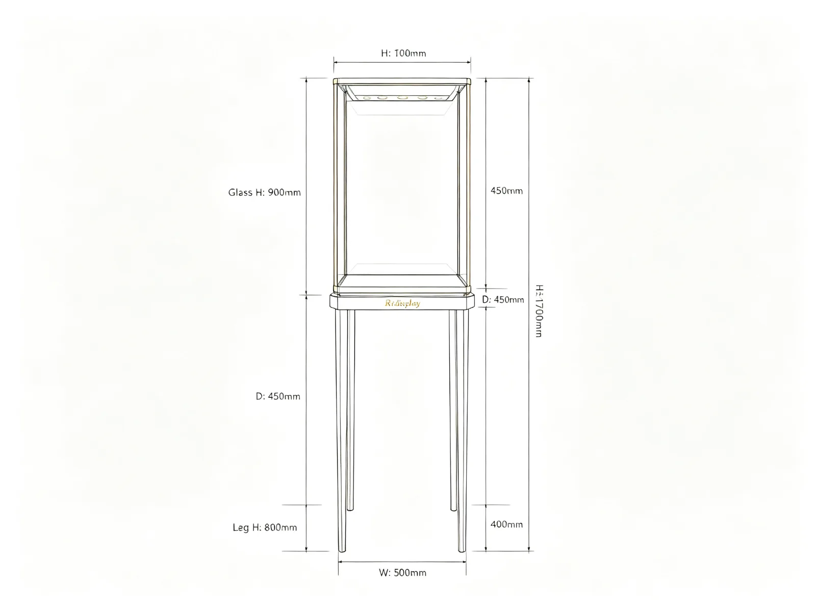 Tall Slim Jewelry Vitrine Minimalist Gold Frame LED Glass Display Stand — product detail 1