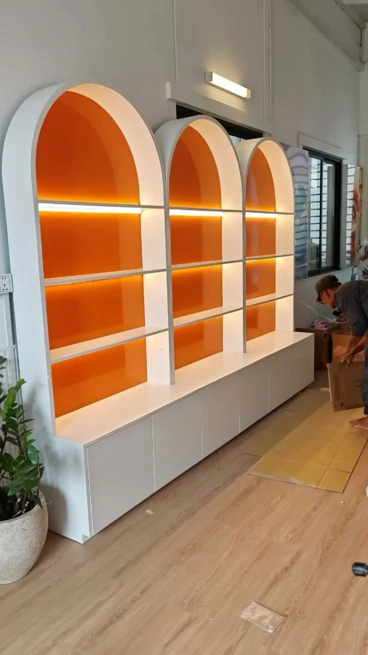 Three-Arched Recessed LED Display Wall Cabinet