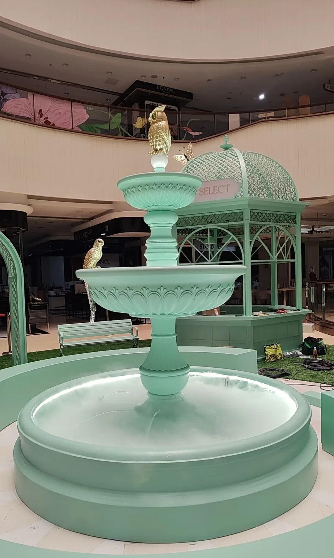 Tiffany Blue Tiered Fountain Sculpture with Golden Birds for Mall Atriums — view 2