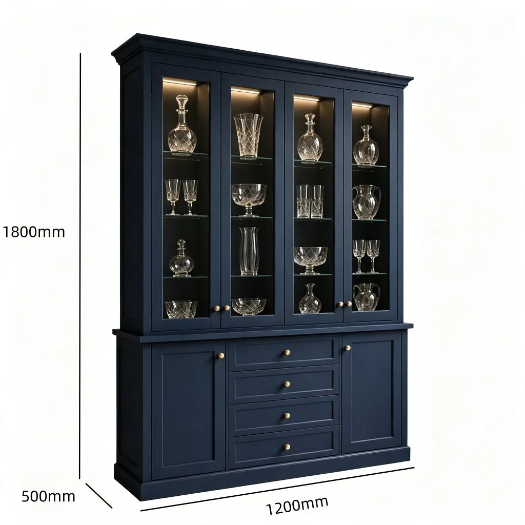 Traditional 4-Door Navy Blue Wooden Glass Display Cabinet with Drawers — product detail 1