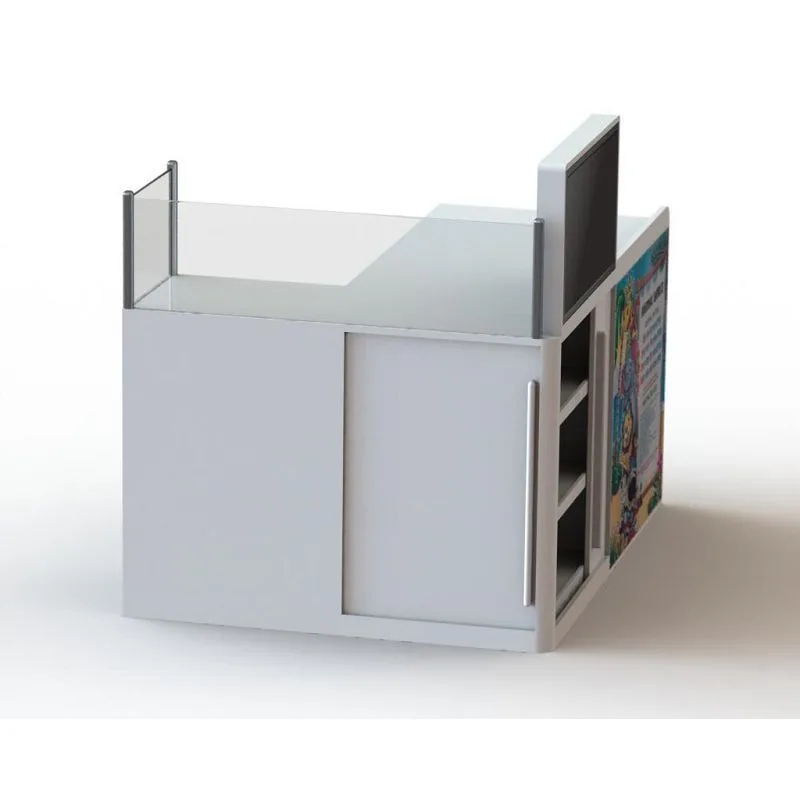 Unique cashier custom reception desk with merchandise display stand — view 4