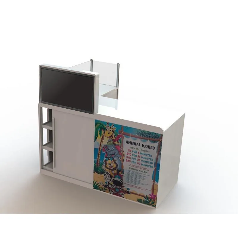 Unique cashier custom reception desk with merchandise display stand — view 3