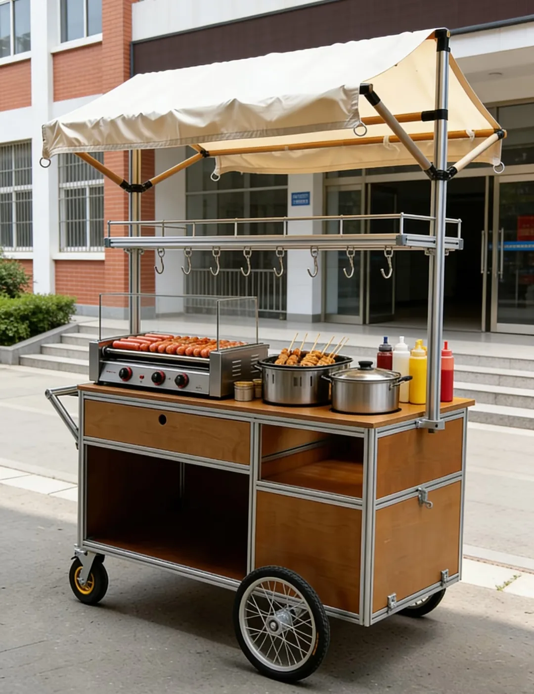 Versatile Outdoor Street Food Cart with Retractable Awning & Lockable Storage