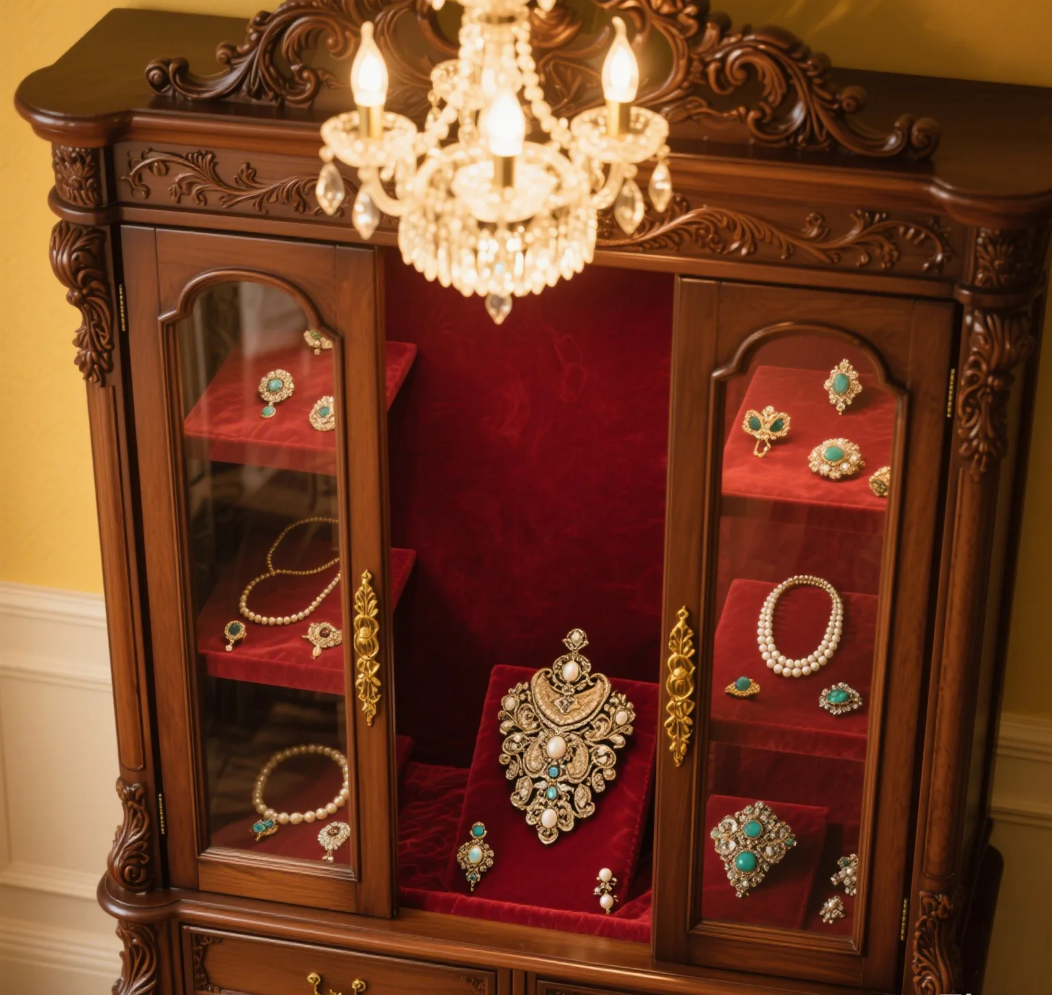 Vintage luxury jewelry display cabinet with exquisite patterns and velvet — view 2