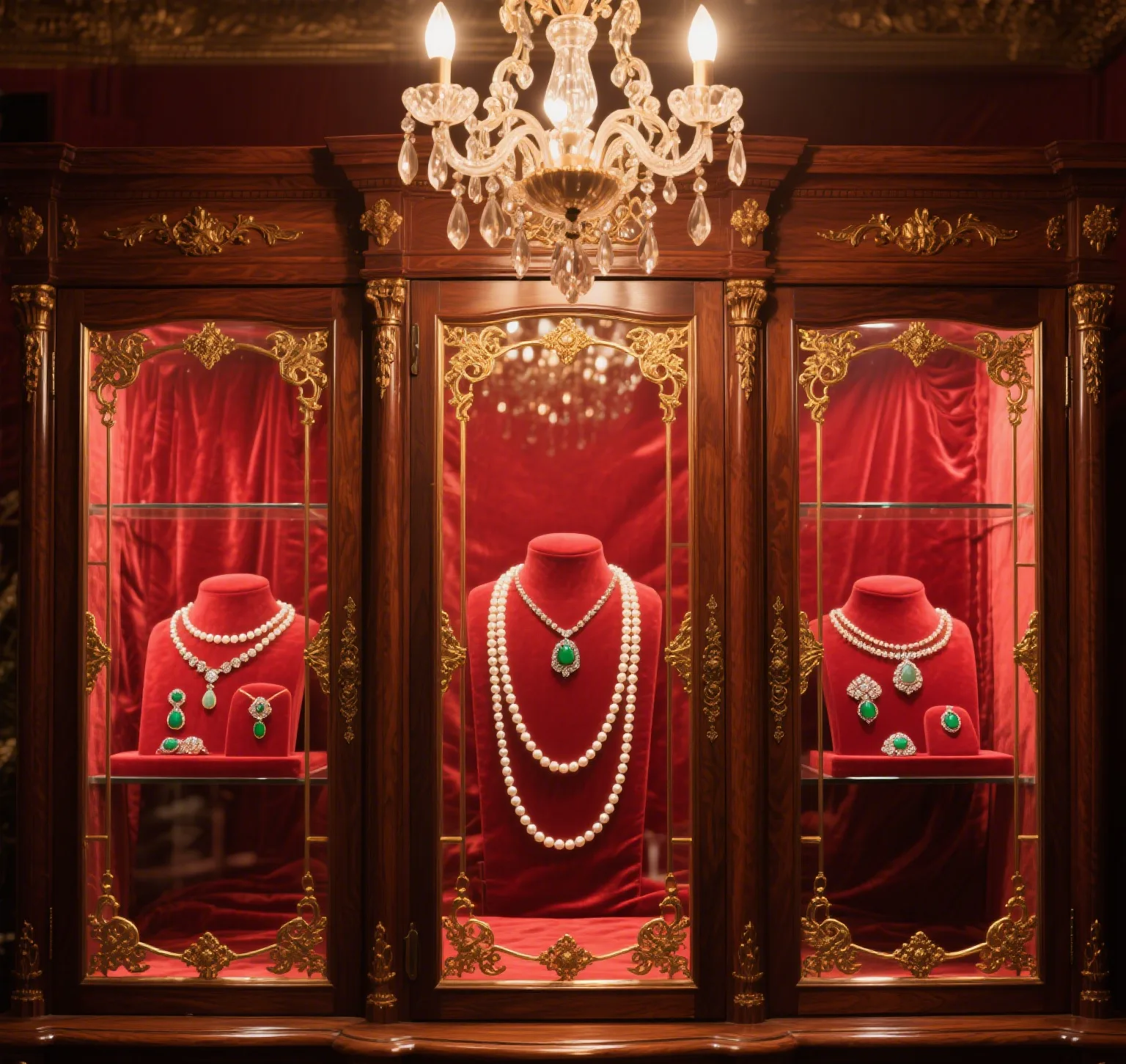 Vintage luxury jewelry display cabinet with exquisite patterns and velvet