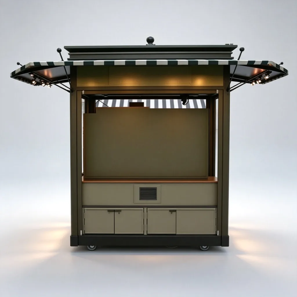 Vintage Outdoor Jewelry Kiosk | 2m Wood Display Retail Booth with Striped Awning | Custom Design — view 4