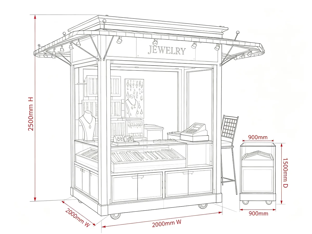 Vintage Outdoor Jewelry Kiosk | 2m Wood Display Retail Booth with Striped Awning | Custom Design — view 5