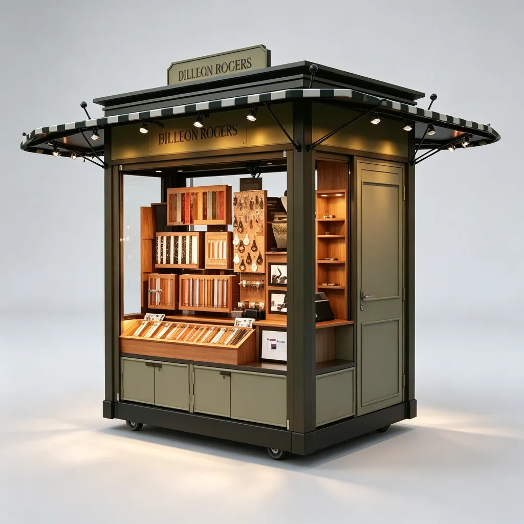 Vintage Outdoor Jewelry Kiosk | 2m Wood Display Retail Booth with Striped Awning | Custom Design — view 3
