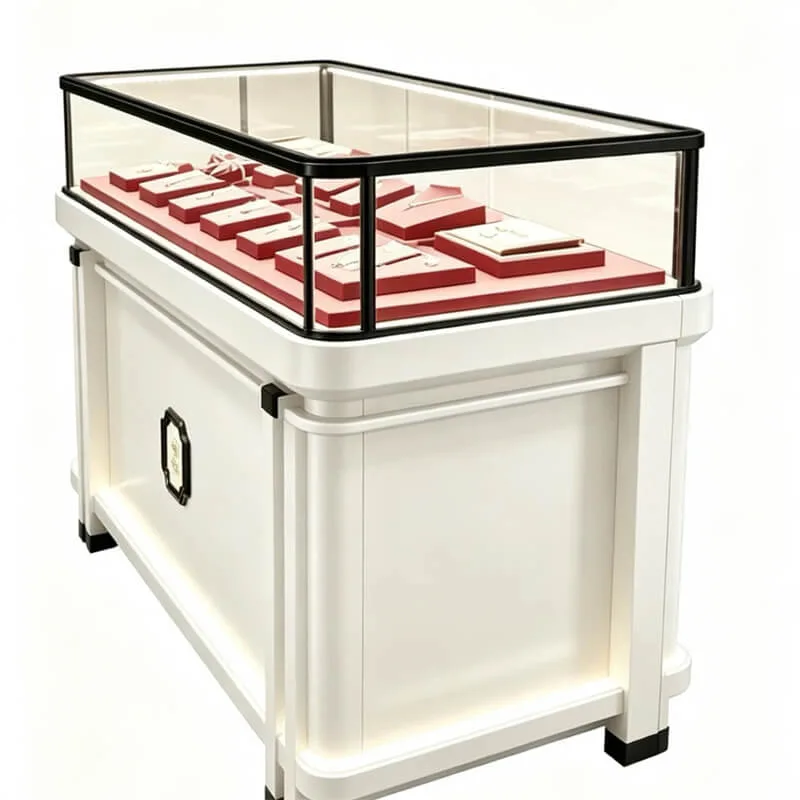 Vintage White Paint Jewelry Cabinet Tempered Glass Island Jewelry Display Cabinet For Mall Jewelry Store Ornament Display Stand — view 4