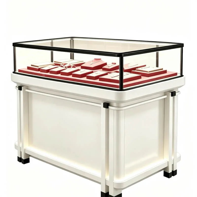 Vintage White Paint Jewelry Cabinet Tempered Glass Island Jewelry Display Cabinet For Mall Jewelry Store Ornament Display Stand — view 2