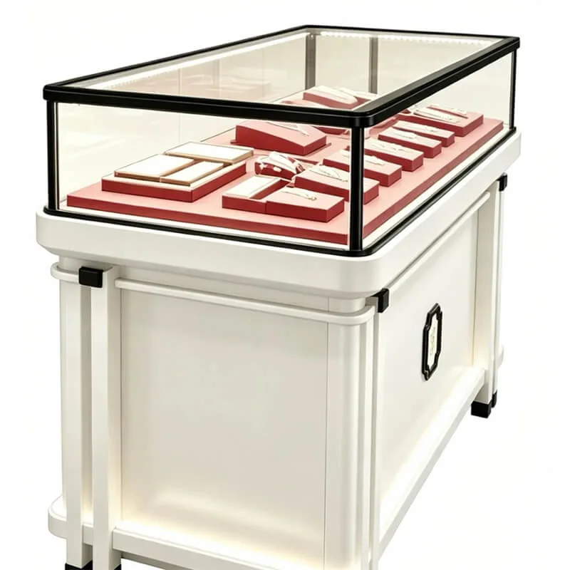 Vintage White Paint Jewelry Cabinet Tempered Glass Island Jewelry Display Cabinet For Mall Jewelry Store Ornament Display Stand — view 3