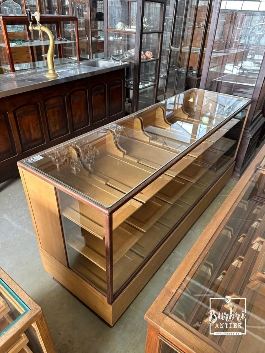 Vintage Wooden Glass Counter Display Case with Pull-out Trays — view 2