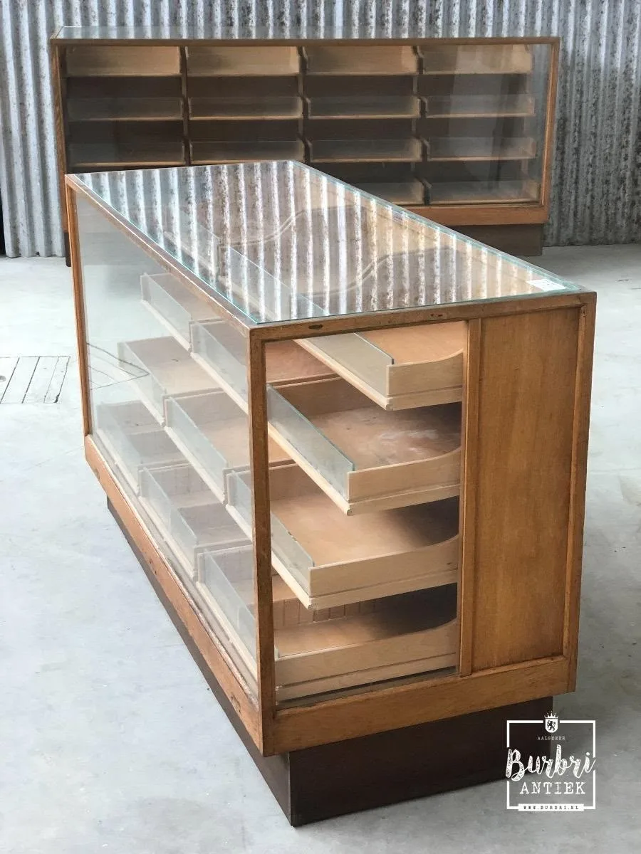 Vintage Wooden Glass Counter Display Case with Pull-out Trays