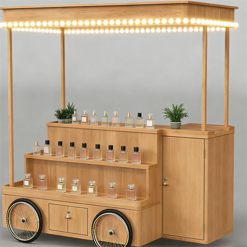 Vintage Wooden Perfume Cart | Tiered Display Shelves with Dual Storage | Mobile Fragrance & Jewelry Showcase for Malls and Street Stalls — view 2