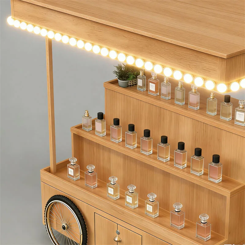 Vintage Wooden Perfume Cart | Tiered Display Shelves with Dual Storage | Mobile Fragrance & Jewelry Showcase for Malls and Street Stalls — view 3
