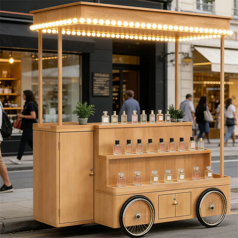 Vintage Wooden Perfume Cart | Tiered Display Shelves with Dual Storage | Mobile Fragrance & Jewelry Showcase for Malls and Street Stalls