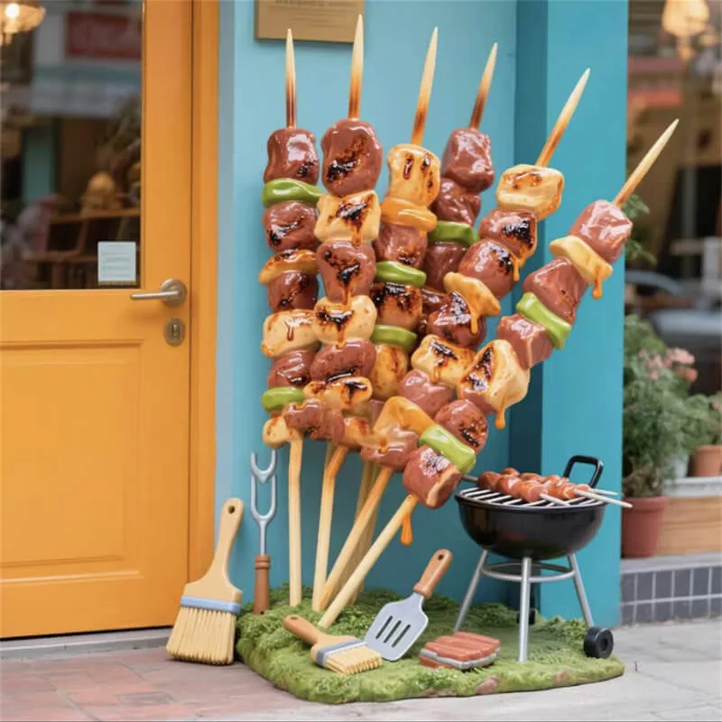 Viral BBQ Skewer Sculpture – FRP Giant Meat Kebab Ornament for BBQ Restaurant & Night Market Signage