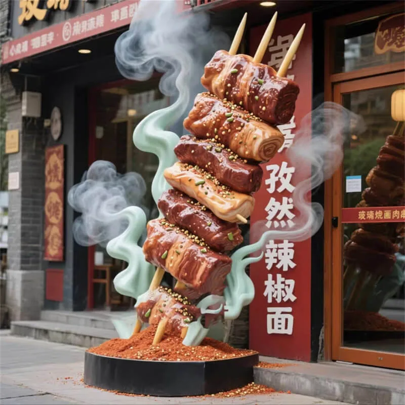 Viral BBQ Skewer Sculpture – FRP Giant Meat Kebab Ornament for BBQ Restaurant & Night Market Signage — view 2