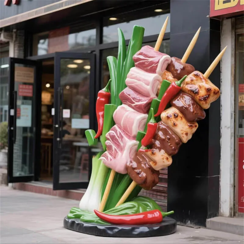 Viral BBQ Skewer Sculpture – FRP Giant Meat Kebab Ornament for BBQ Restaurant & Night Market Signage — view 4
