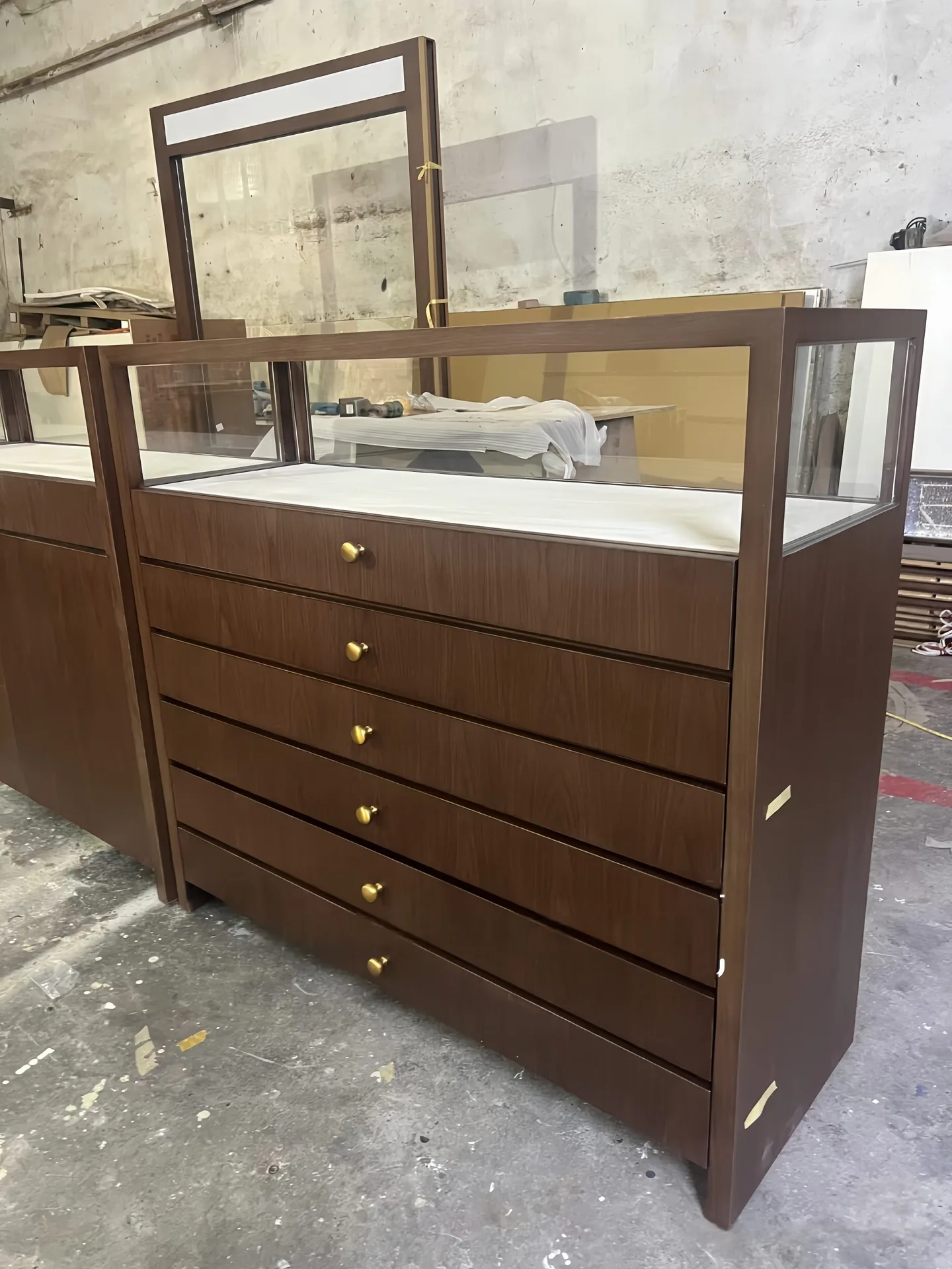 Walnut Finish Retail Showcase Counter | Large Capacity Pull-Out Drawer Unit — view 12
