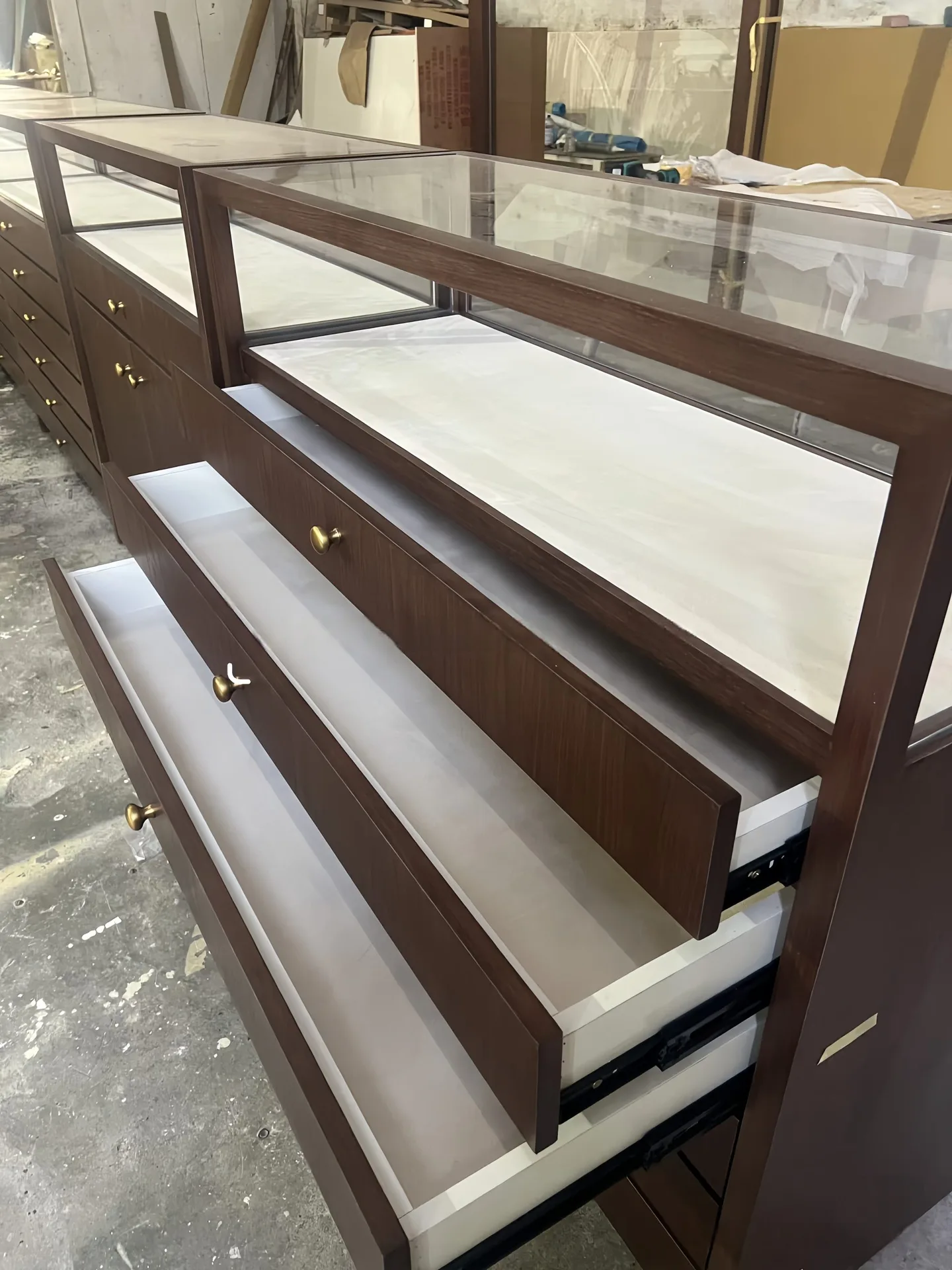 Walnut Finish Retail Showcase Counter | Large Capacity Pull-Out Drawer Unit — view 8