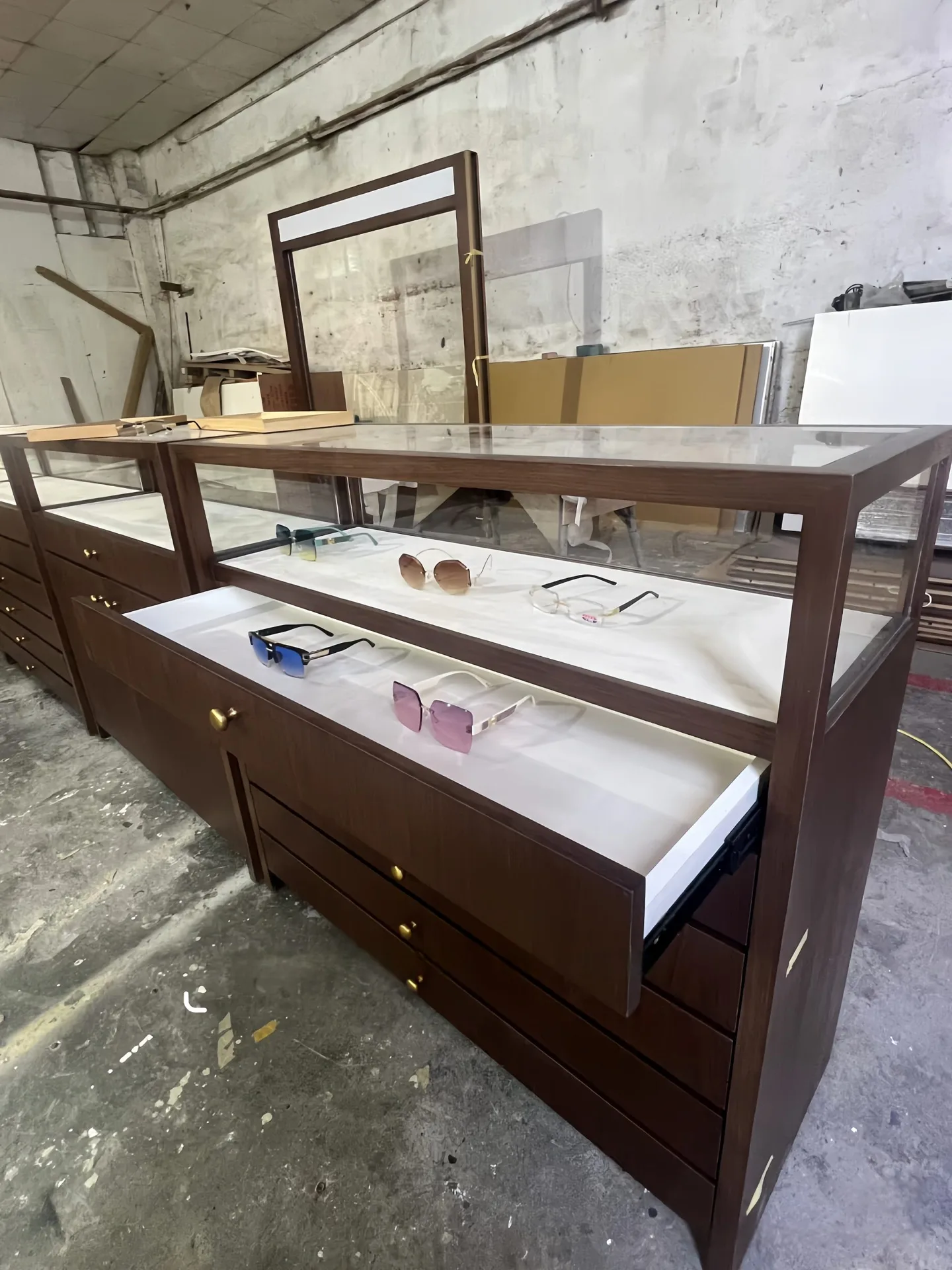 Walnut Finish Retail Showcase Counter | Large Capacity Pull-Out Drawer Unit — view 5