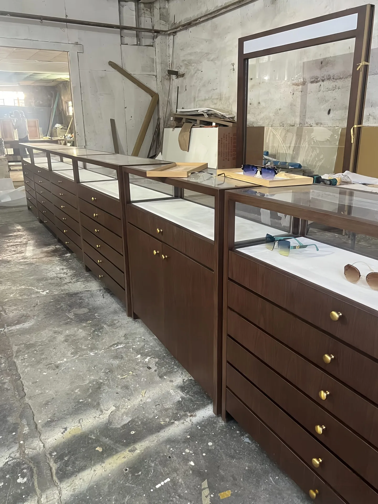 Walnut Finish Retail Showcase Counter | Large Capacity Pull-Out Drawer Unit — view 4