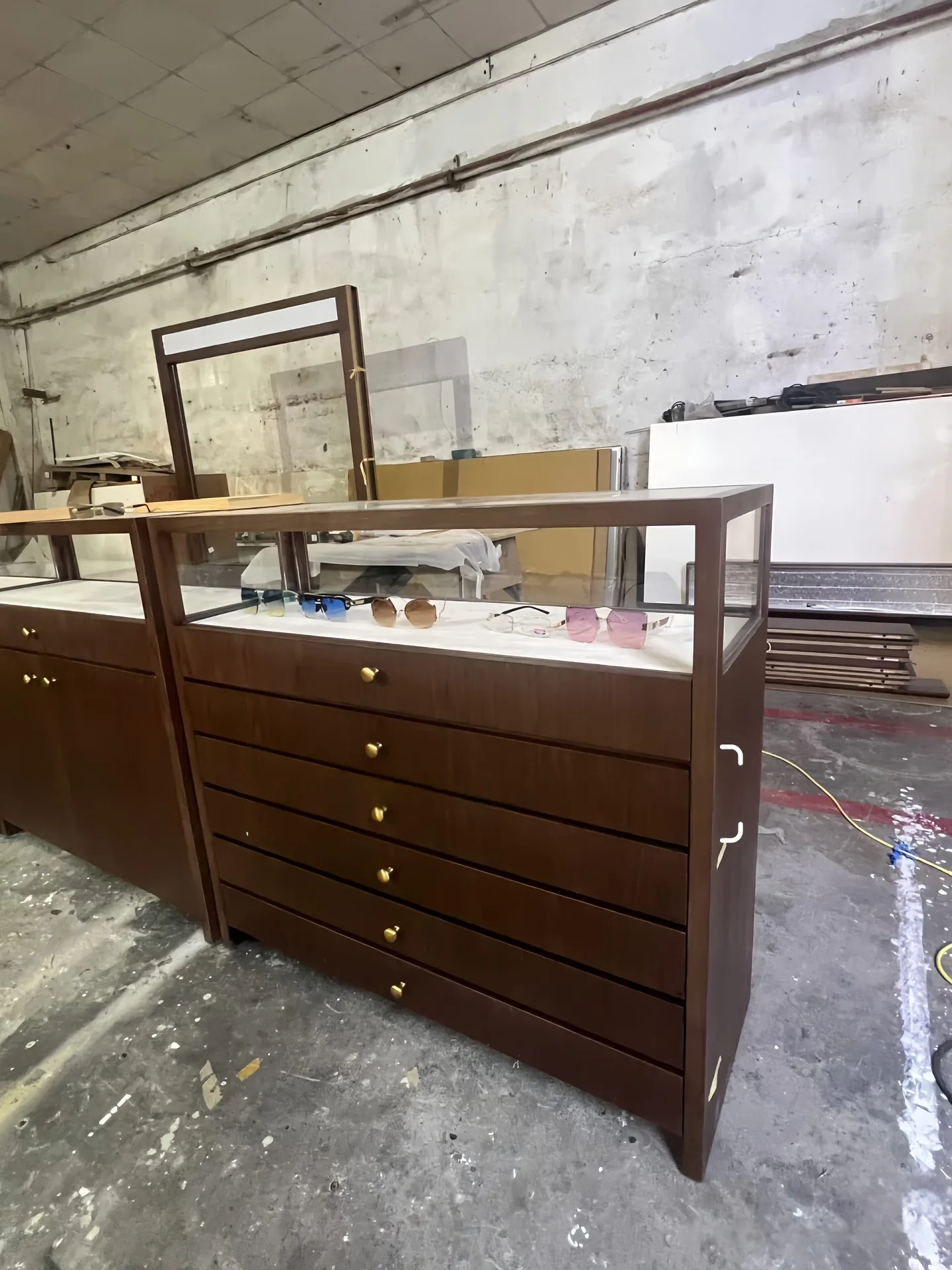 Walnut Finish Retail Showcase Counter | Large Capacity Pull-Out Drawer Unit — view 7