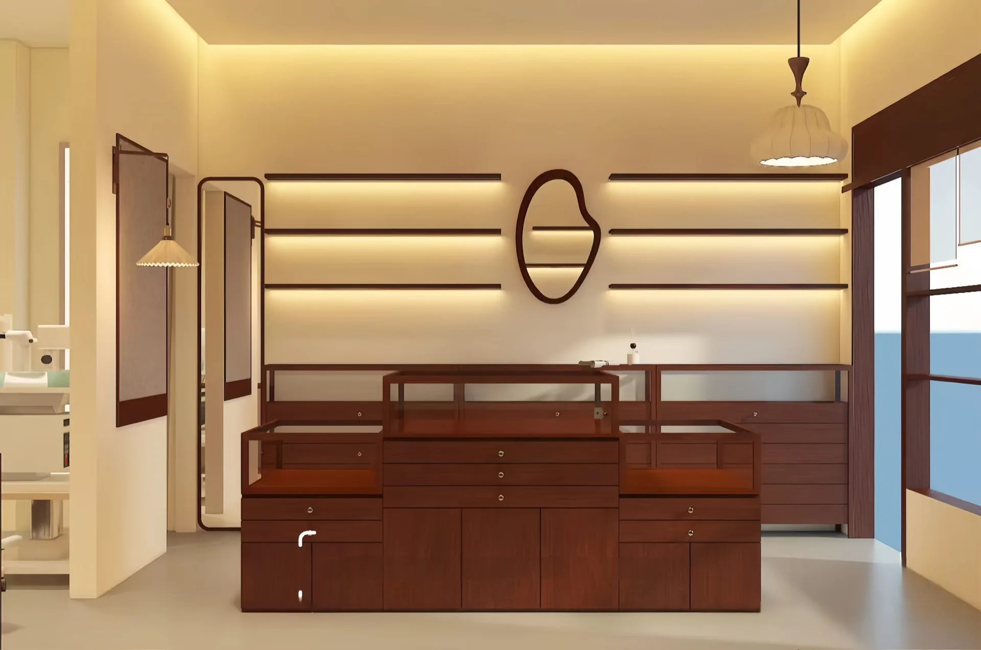 Walnut Finish Retail Showcase Counter | Large Capacity Pull-Out Drawer Unit — view 11