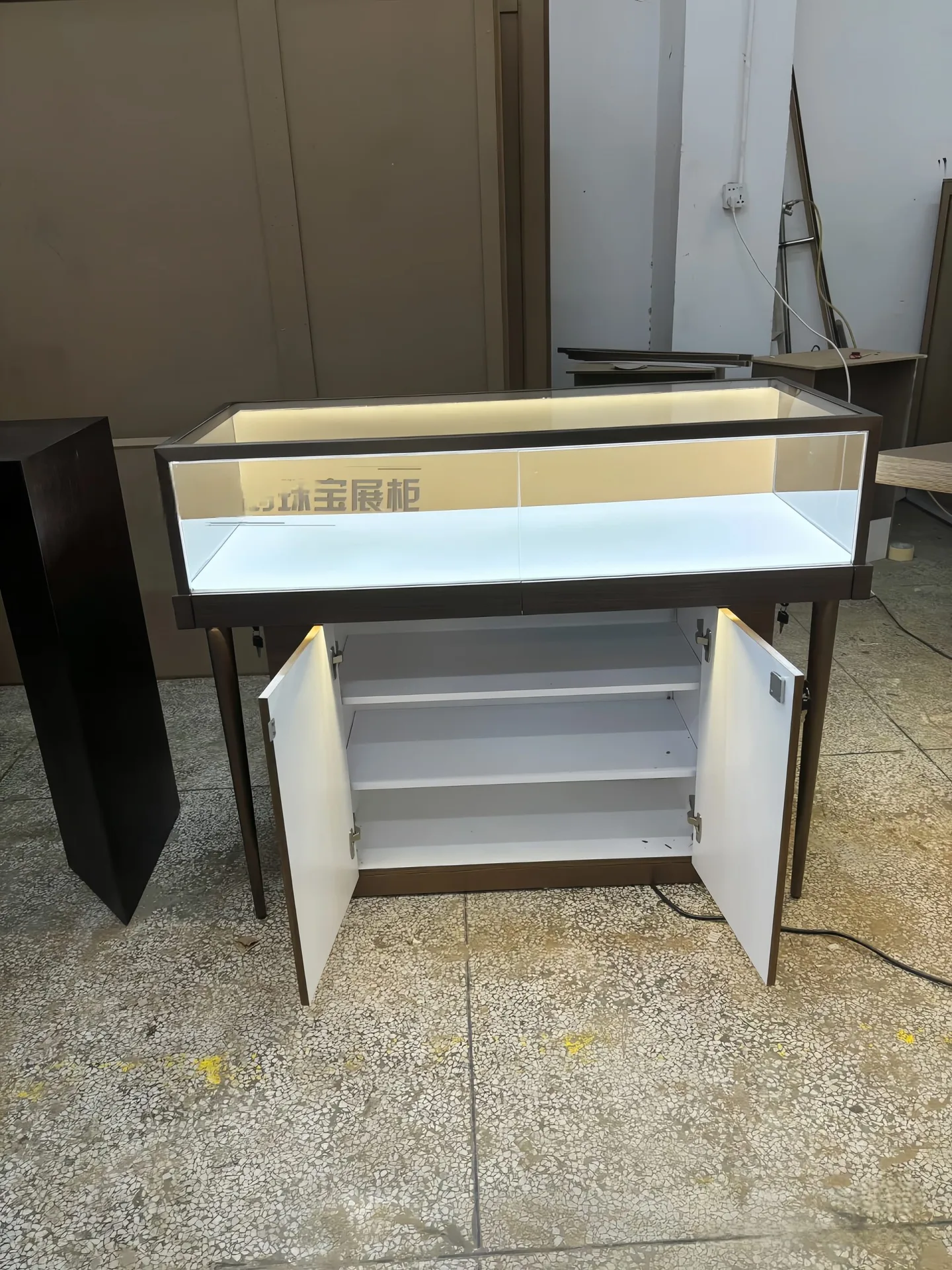 Walnut Jewelry Glass Display Counter with Slim Metal Legs, LED‑Lit Showcase & Storage — view 3