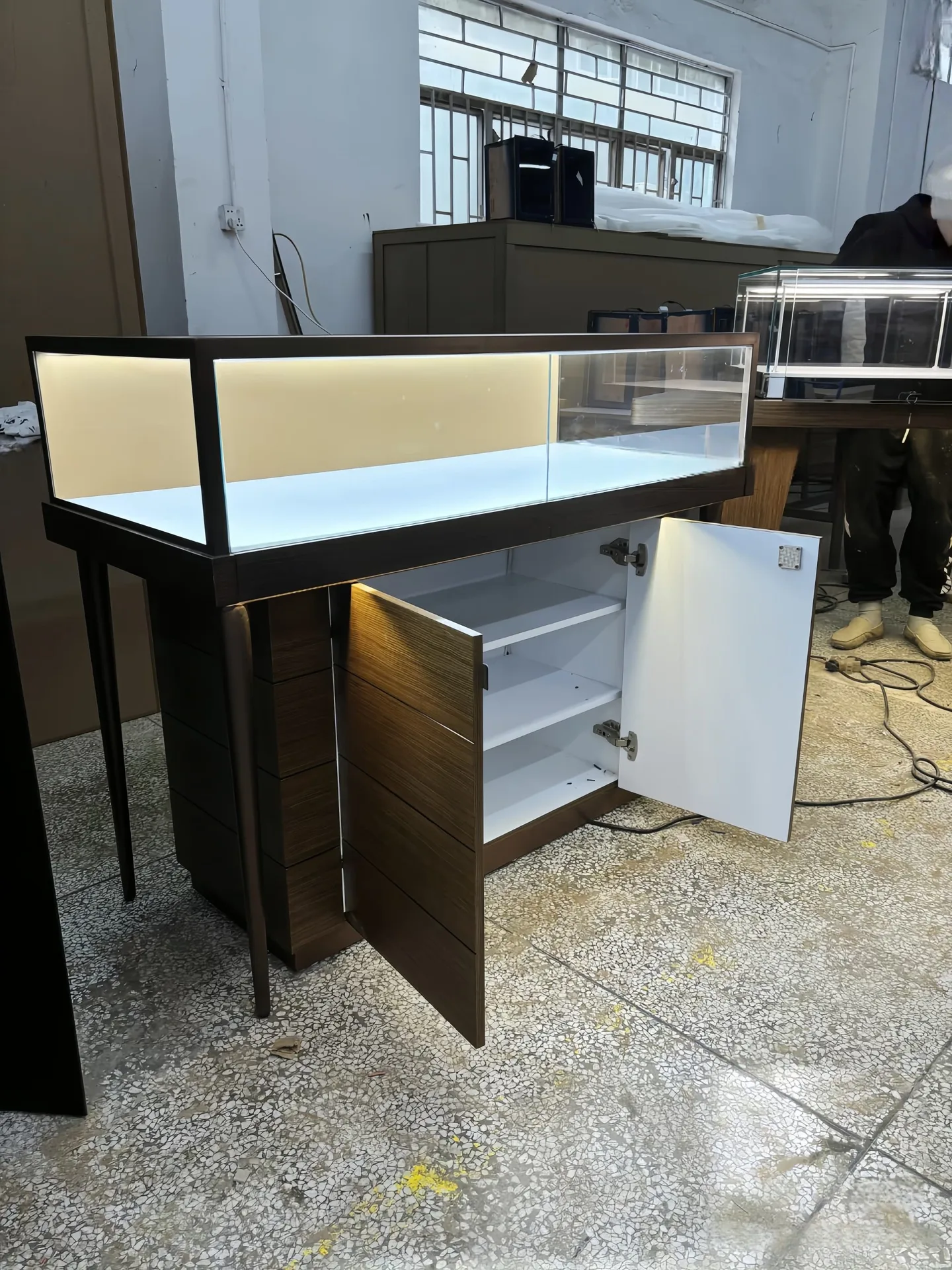 Walnut Jewelry Glass Display Counter with Slim Metal Legs, LED‑Lit Showcase & Storage — view 4
