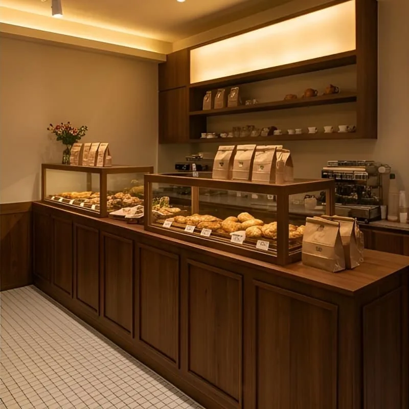 Warm Walnut Custom Commercial Bakery Display Counter for Modern Bakery Shop — view 3