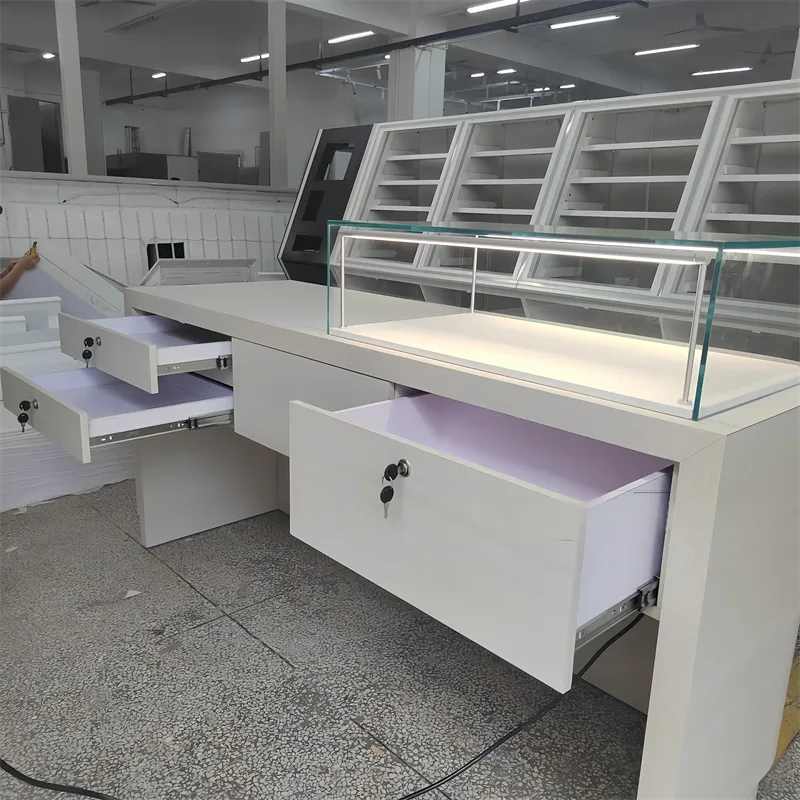 Warm White Lockable Jewelry Reception & Consultation Table – Customizable Sliding Display & Storage Table for High-End Jewelry Stores — view 3